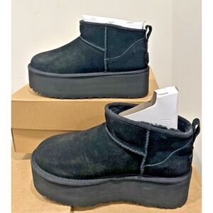 UGG‎ Women Size EU 39 US 8 Classic Ultra Mini Platform Boots Black Wool Plush